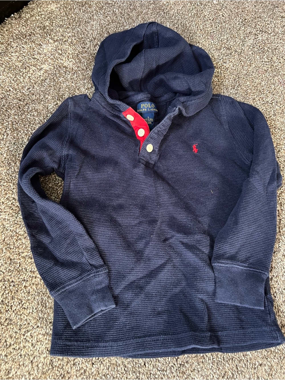 Polo by Ralph Lauren Navy Hooded Waffle Knit Pullover with Red Logo